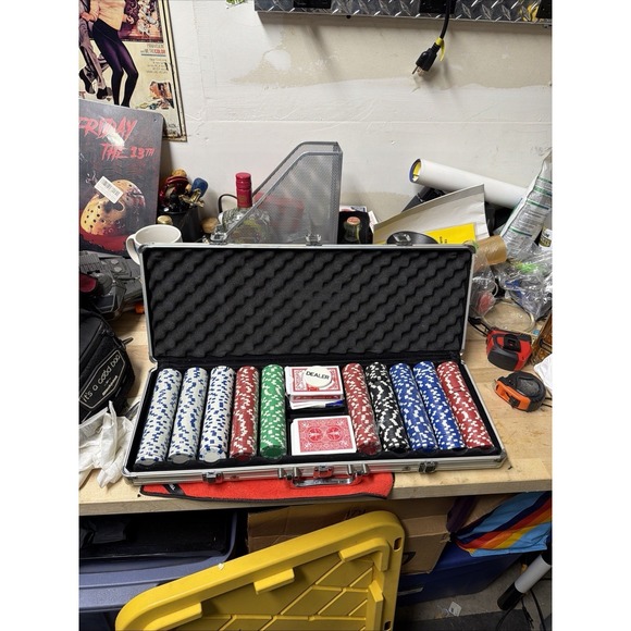 Poker Chip Set with Aluminum Case – 300+ Chips, 2 Decks Bicycle, Dealer Buttons - Picture 3 of 11
